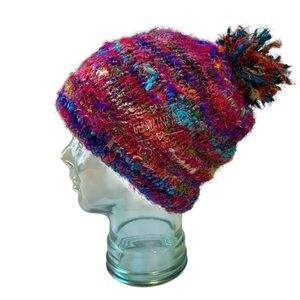 Vintage Lakhay’s Collection Colorful Silk Knit Beanie With Pom Pom